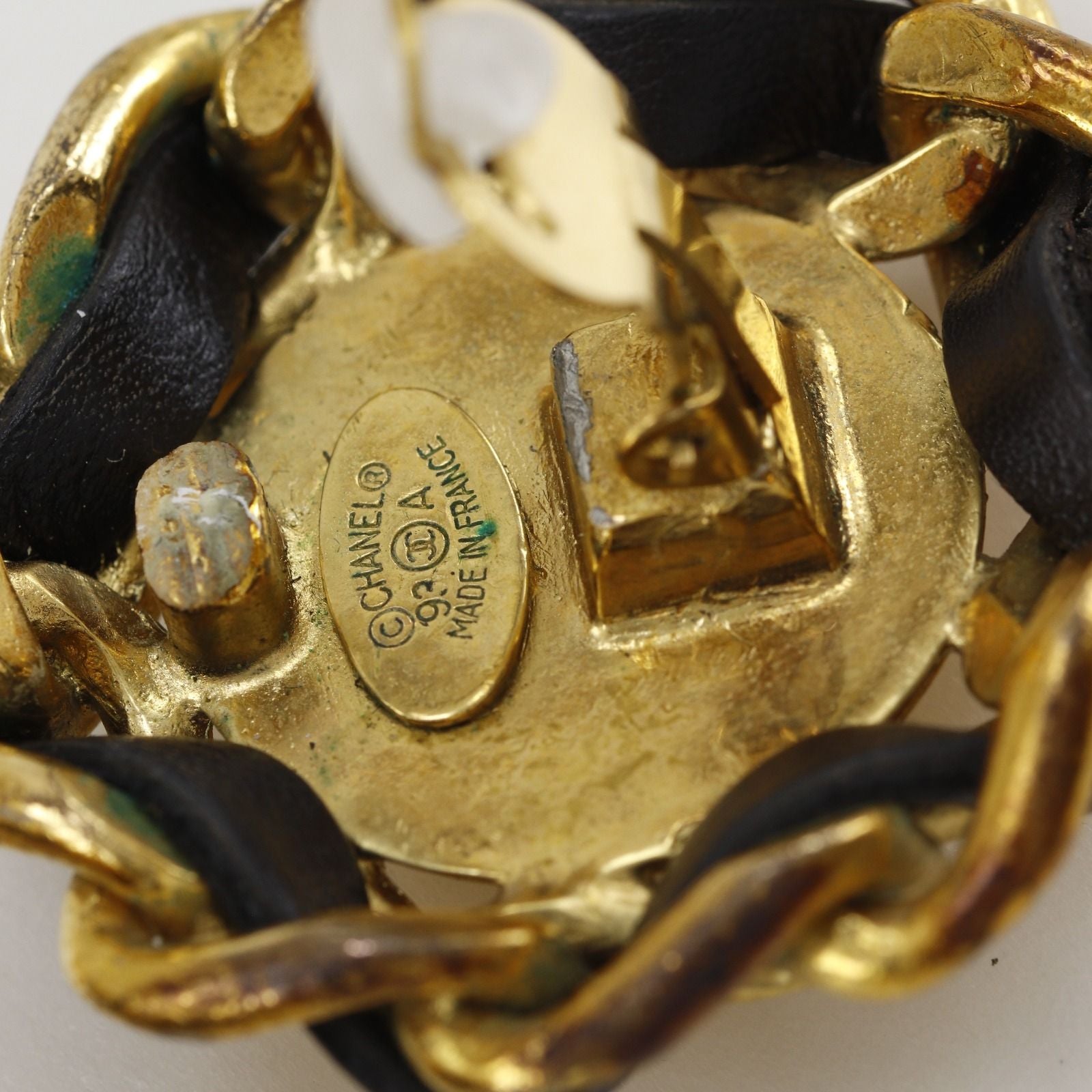 Chanel CC Logo Vintage Gold Plated Leather Earrings — view 8