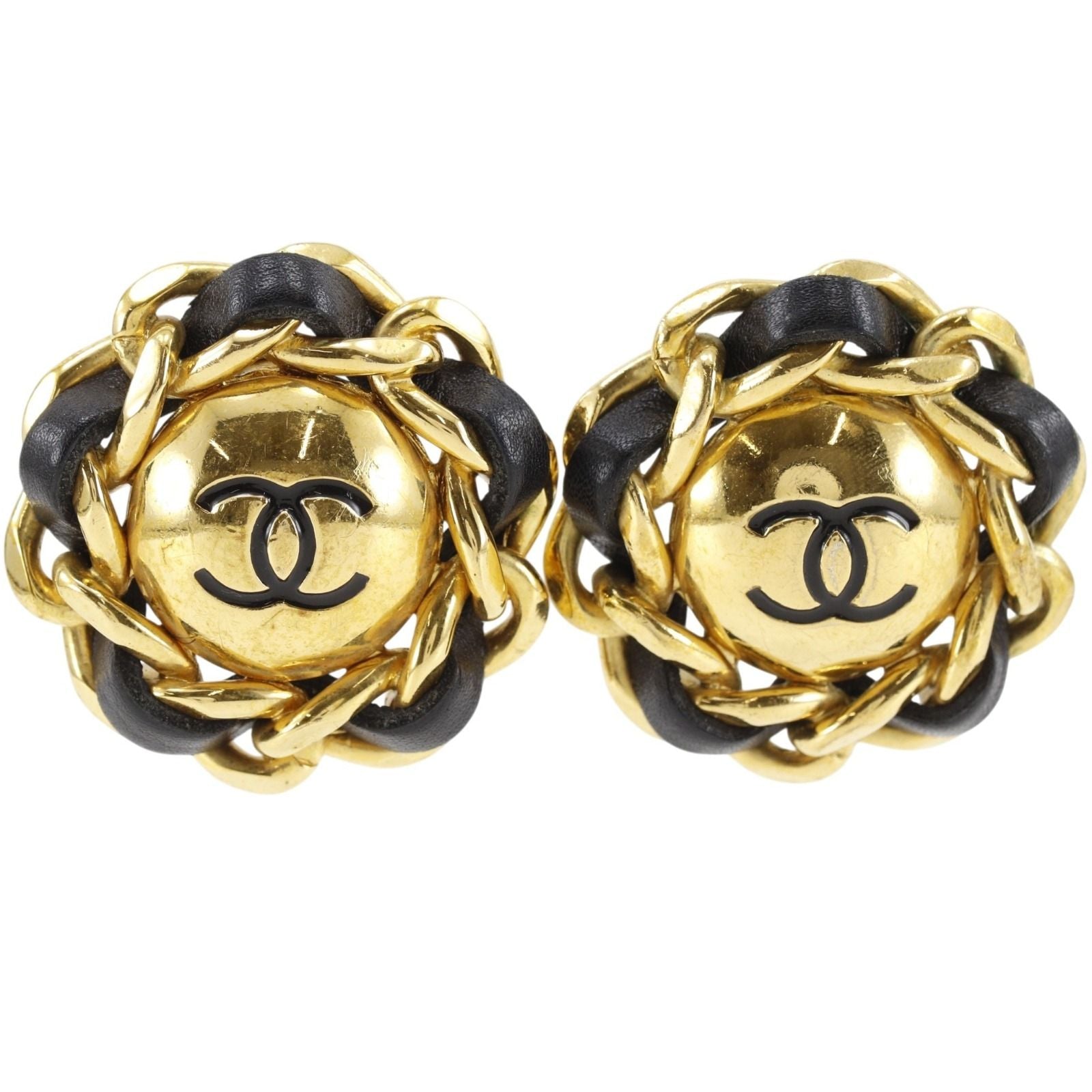 Chanel CC Logo Vintage Gold Plated Leather Earrings