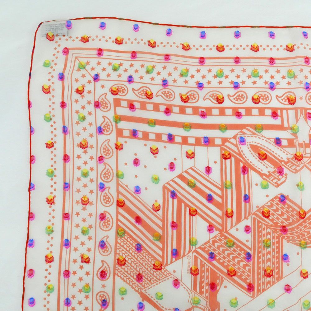 Hermes Carre 60 Zigzag Sangles Rainbow Dot Orange Bandana Scarf Sheer Muslin — view 3