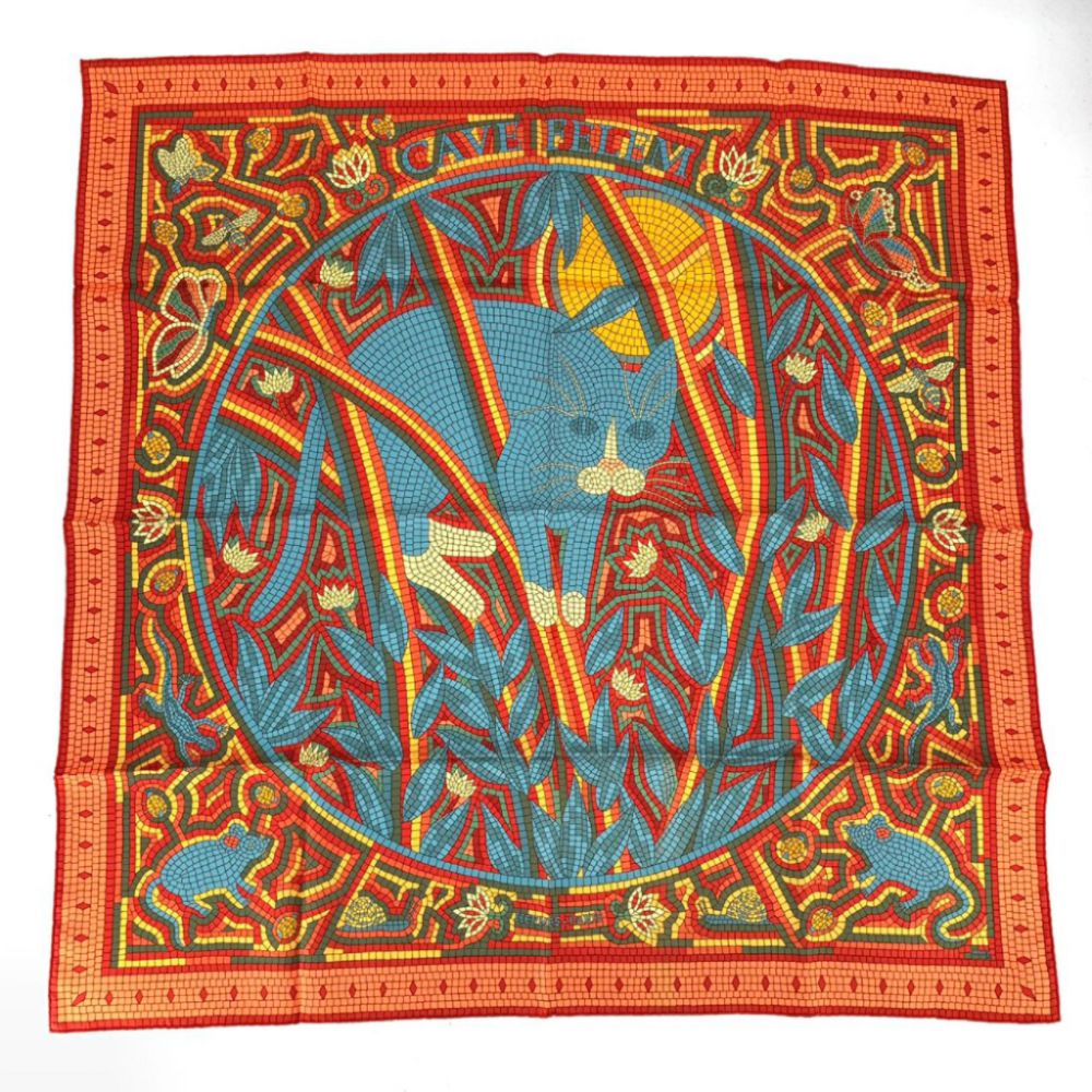 Hermes Carre 90 Large Scarf Cave Felem Beware of Cats Silk — view 2