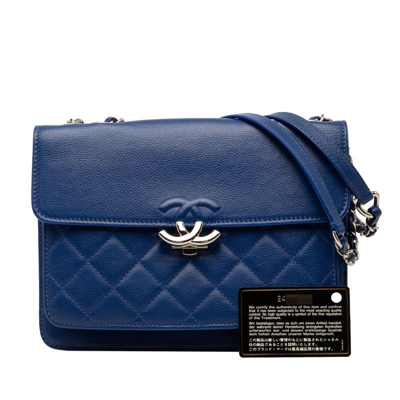 Chanel Quilted CC Logo Chain Shoulder Bag Blue Caviar Leather — view 8