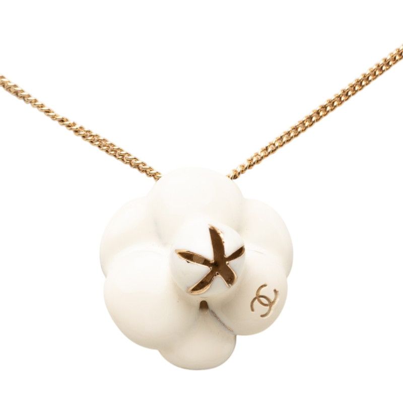 Chanel Camellia CC Logo Necklace Gold White Plated