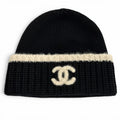 Chanel Wool Cashmere Blend CC Logo Knit Cap Beanie Hat Black Beige