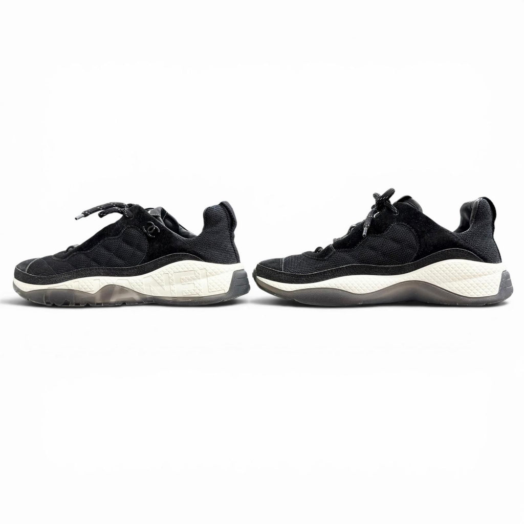Chanel CC Logo Quilted Sole Suede Leather Sneakers Black White — view 2