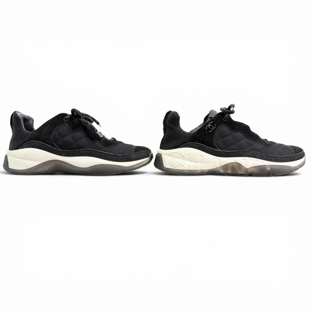 Chanel CC Logo Quilted Sole Suede Leather Sneakers Black White — view 3
