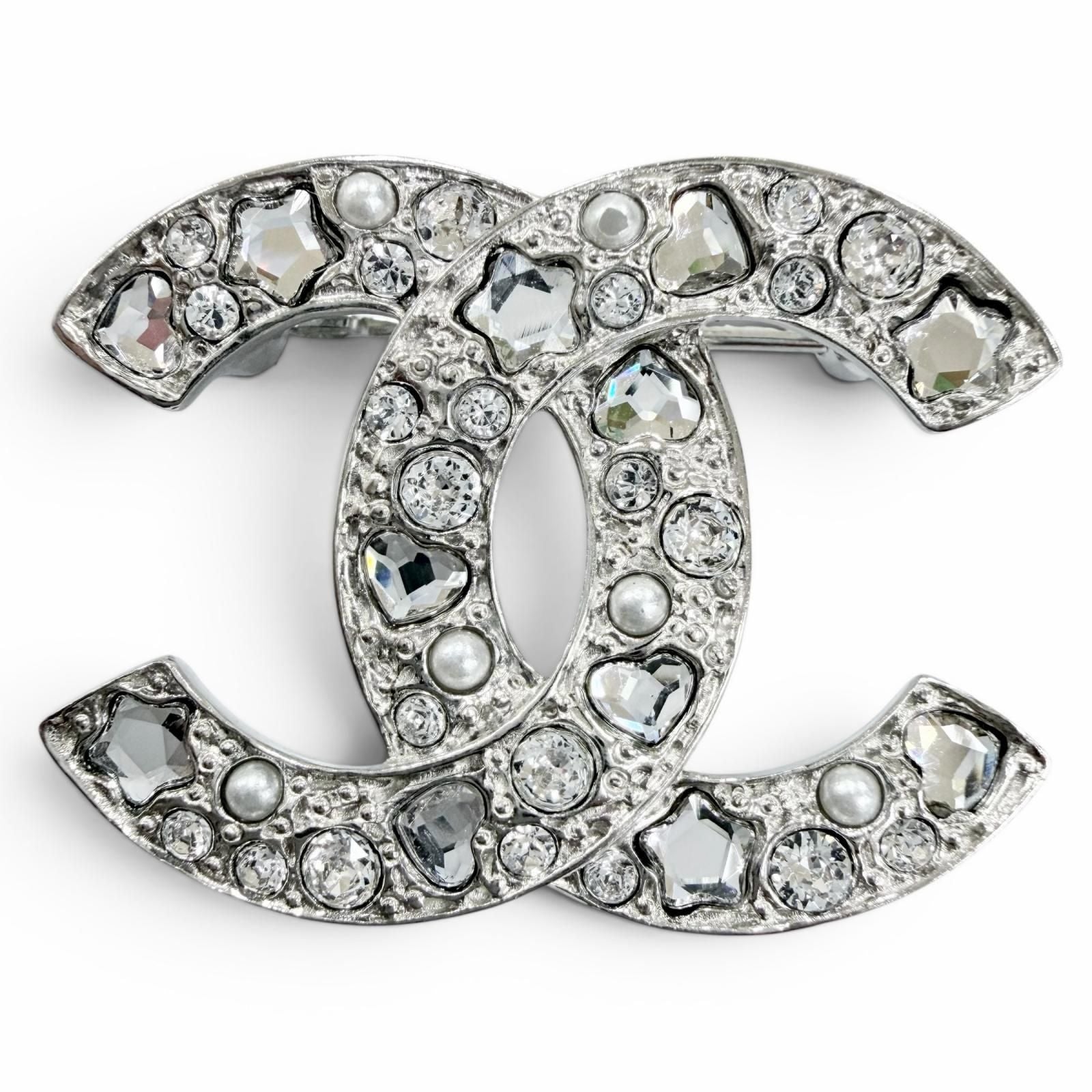 Chanel CC Logo Star Heart Faux Pearl Rhinestone Brooch Silver