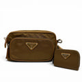 Prada Nylon Leather Triangle Logo Plate Re-Nylon Pouch Shoulder Bag Brown