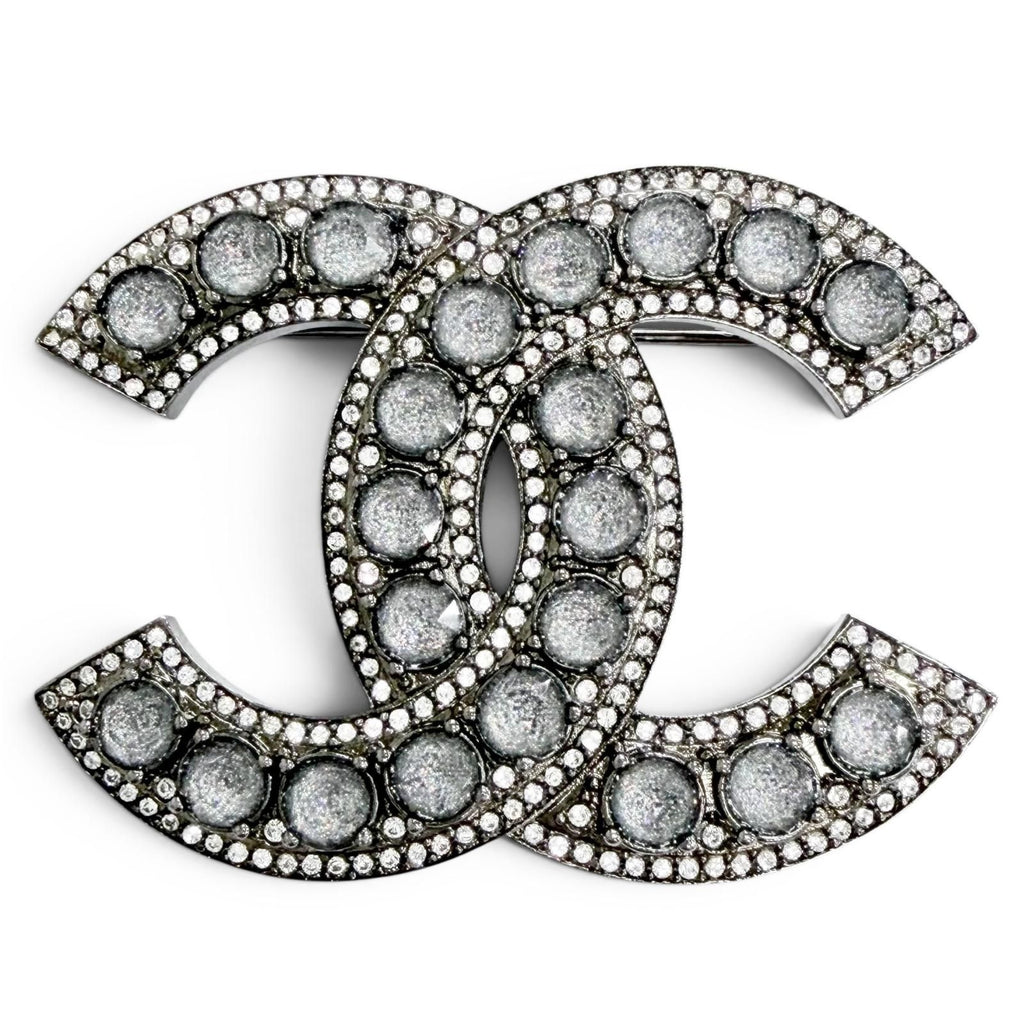 Chanel CC Logo Rhinestone Gunmetal Brooch Silver Recommended