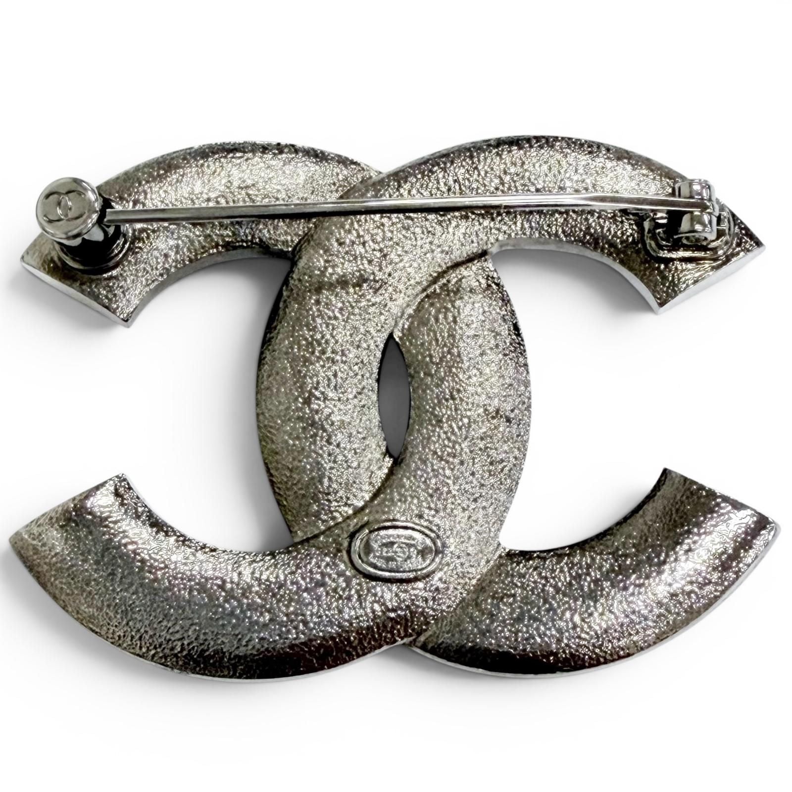 Chanel CC Logo Rhinestone Gunmetal Brooch Silver Recommended — view 3