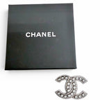 Chanel CC Logo Rhinestone Gunmetal Brooch Silver Recommended — view 2