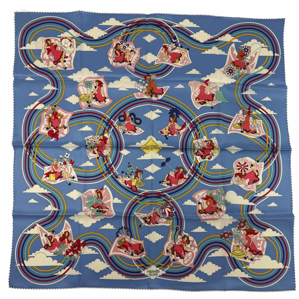 Hermes Carre 70 Carres Volants Flying Silk 100% Blue Myosotis White Scarf