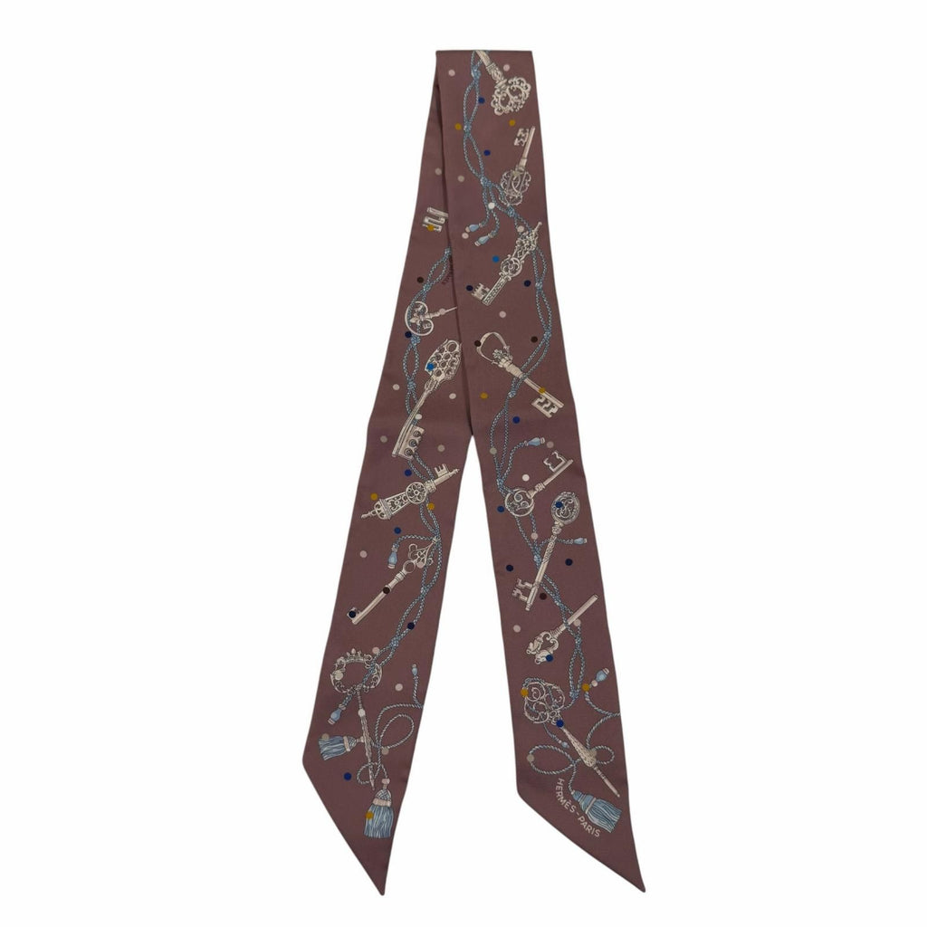 Hermes Twill les Cles a Pois les Clair Pore Silk 100% Brown Gray Scarf