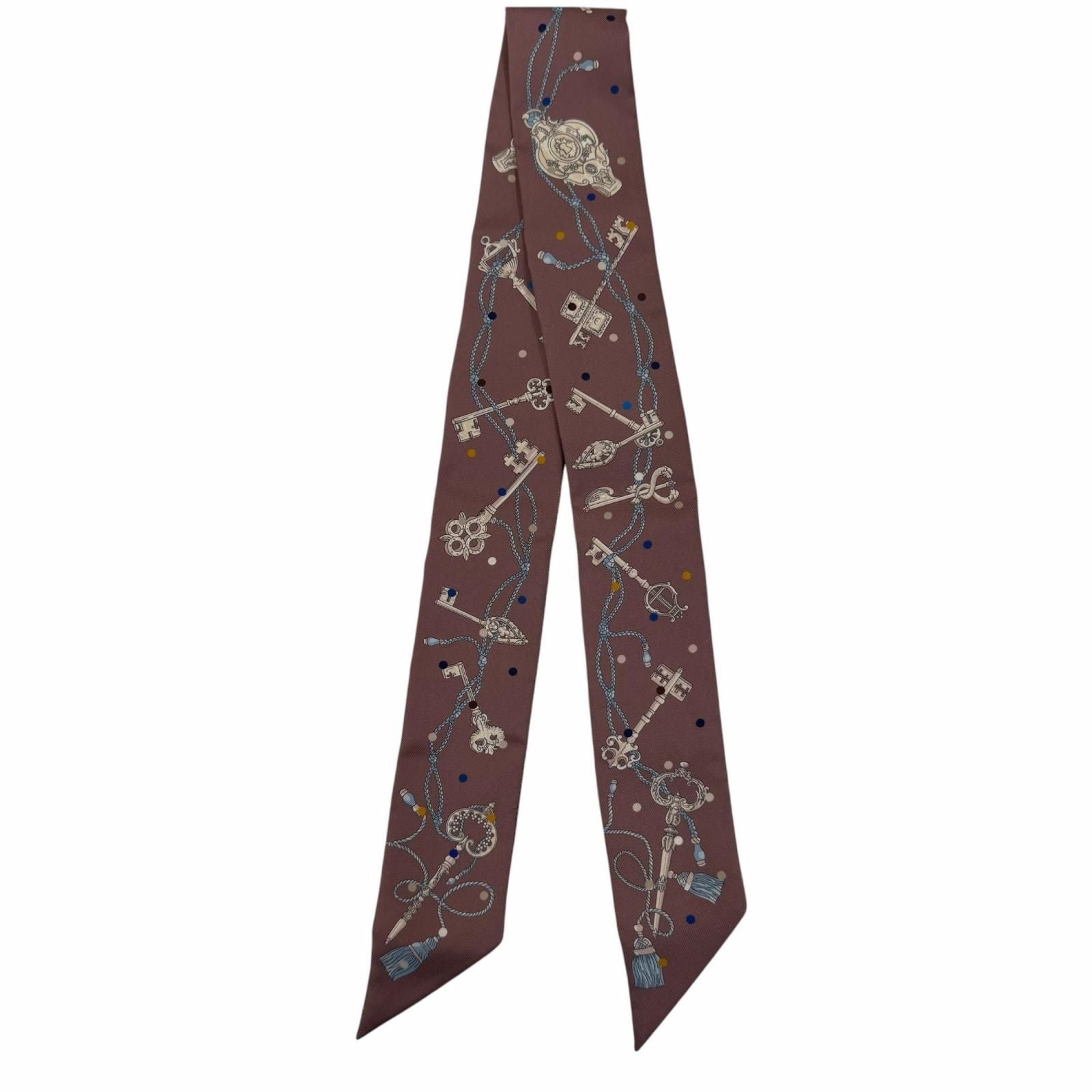 Hermes Twill les Cles a Pois les Clair Pore Silk 100% Brown Gray Scarf — view 3