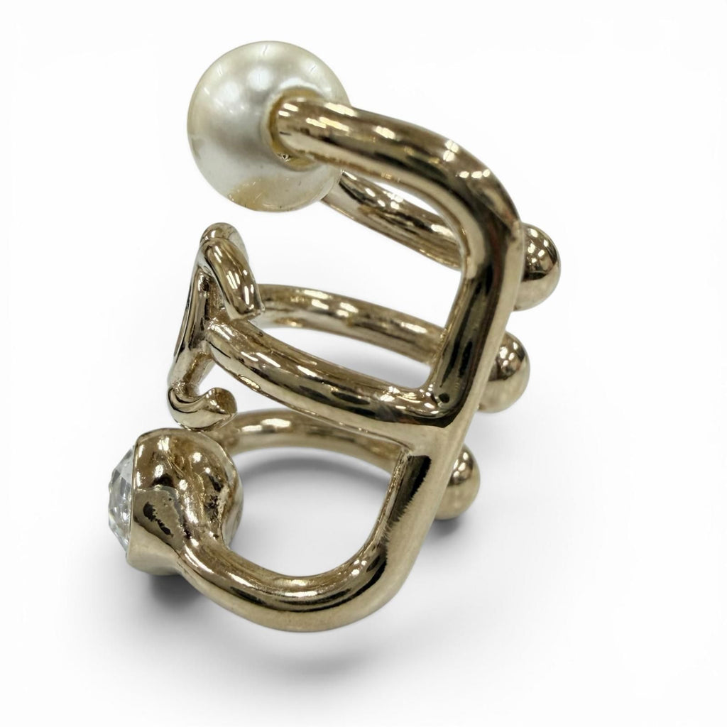 Chanel 22c CC Logo Faux Pearl Rhinestone Triple Strand Earrings Gold — view 3
