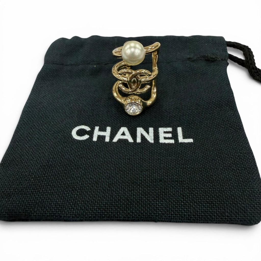 Chanel 22c CC Logo Faux Pearl Rhinestone Triple Strand Earrings Gold — view 2