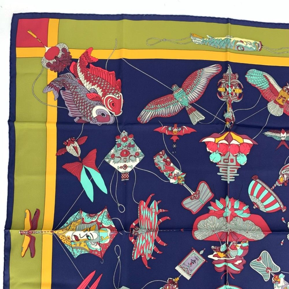 Hermes Carre 90 Soies Volantes Silk Scarf Dancing in the Sky 100% Navy Khaki — view 2