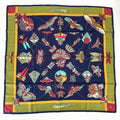 Hermes Carre 90 Soies Volantes Silk Scarf Dancing in the Sky 100% Navy Khaki
