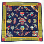 Hermes Carre 90 Soies Volantes Silk Scarf Dancing in the Sky 100% Navy Khaki
