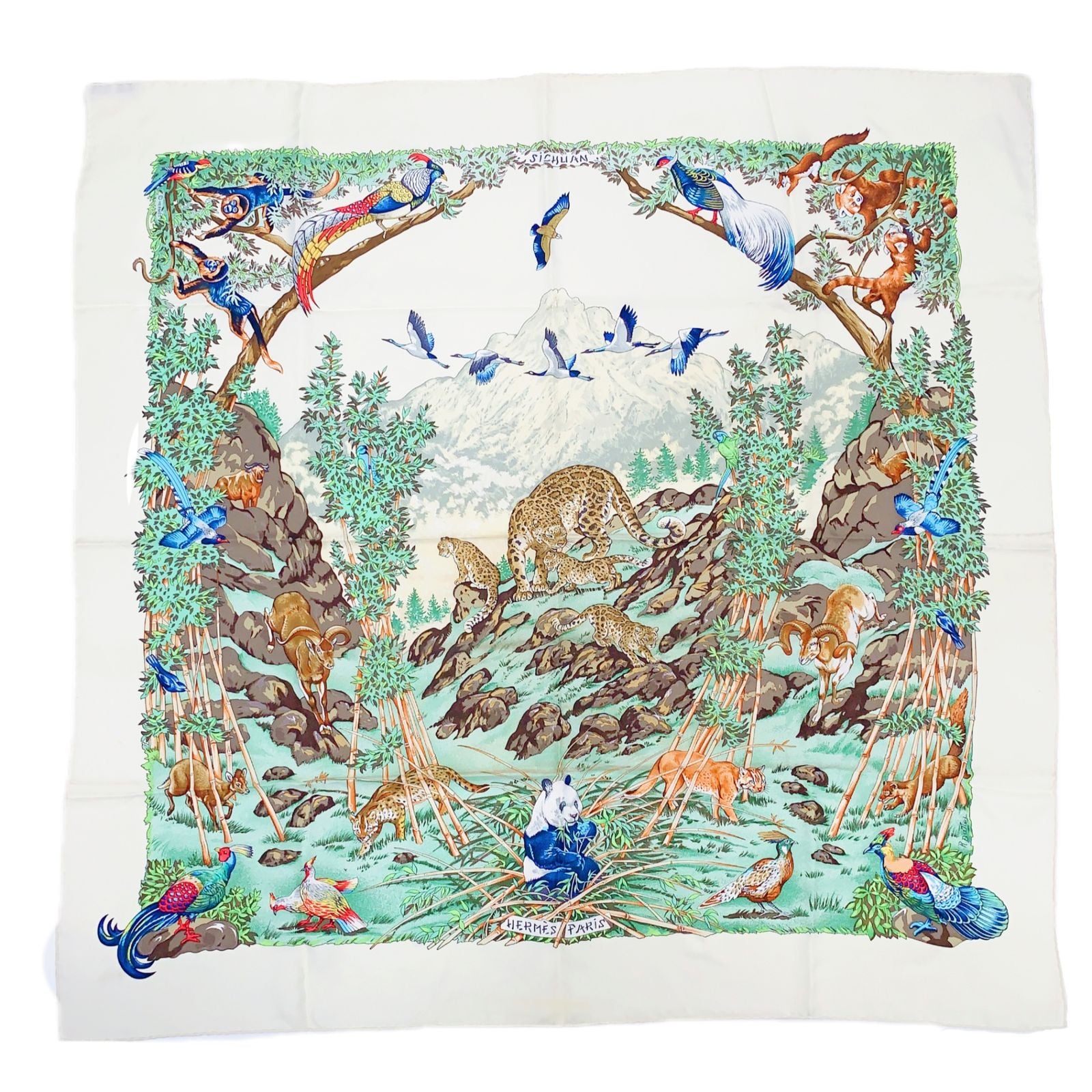 Hermes Carre 90 Sichuan Ivory Multicolor Scarf Silk