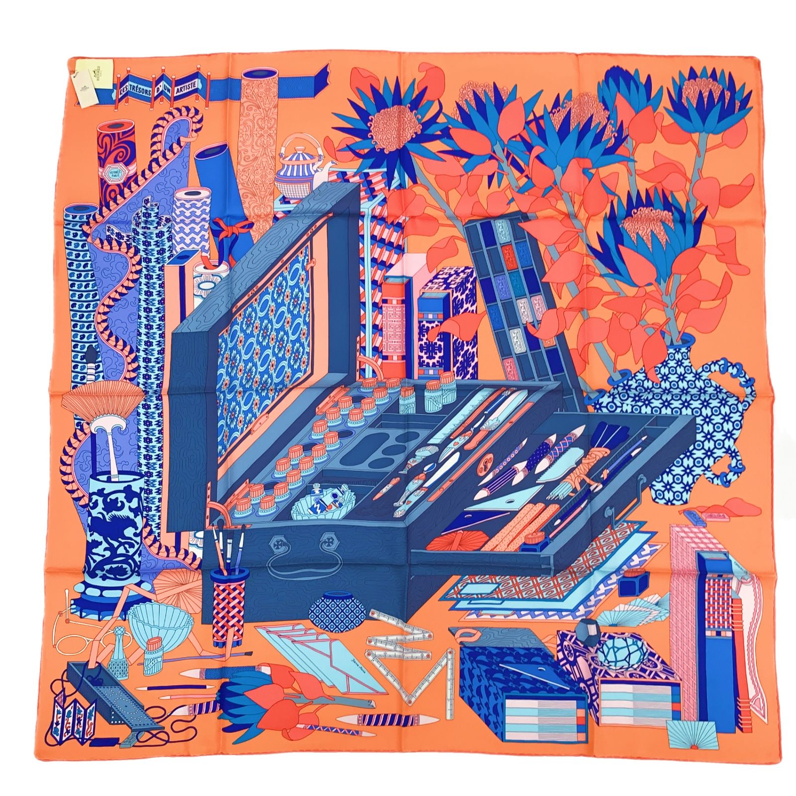 Hermes Carre 90 les Tresors D'un Artiste an Artist's Treasures Orange Blue