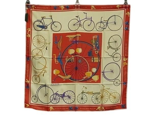 Gucci Scarf Red Multicolor Silk 100% Large Bicycle Pattern