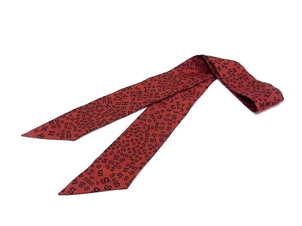 Hermes Ribbon Scarf Twill Brown Black Silk 100% Logo Alphabet All Over Pattern