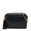 Chanel CC Logo Quilted Fringe Chain Shoulder Bag Black Lambskin