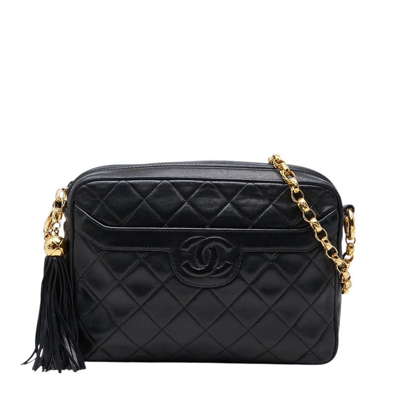 Chanel CC Logo Quilted Fringe Chain Shoulder Bag Black Lambskin