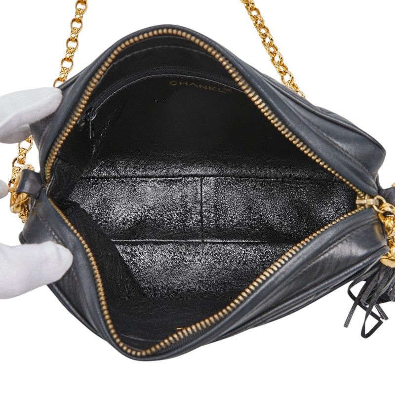 Chanel CC Logo Quilted Fringe Chain Shoulder Bag Black Lambskin — view 8