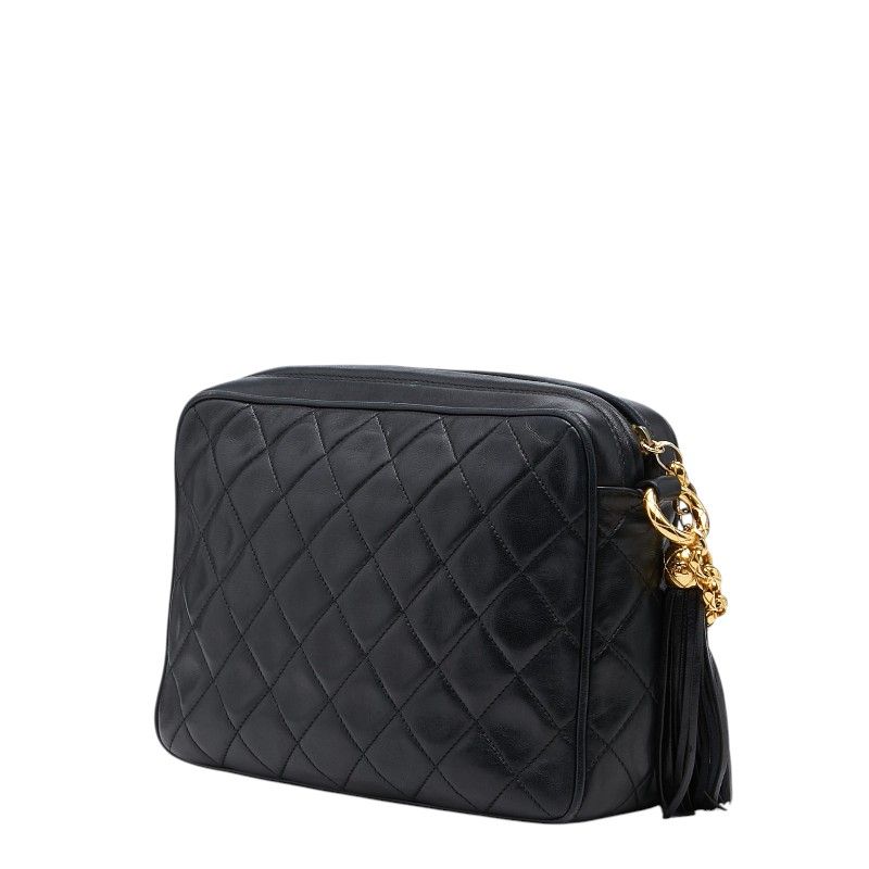 Chanel CC Logo Quilted Fringe Chain Shoulder Bag Black Lambskin — view 2