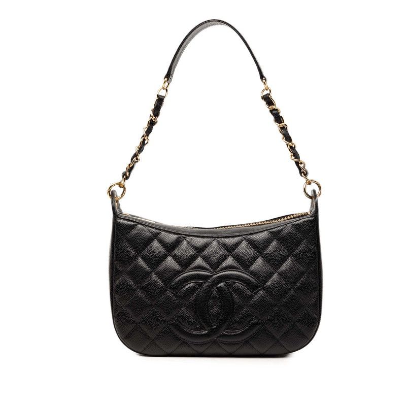 Chanel CC Logo Quilted Chain Shoulder Bag Black Caviar Leather