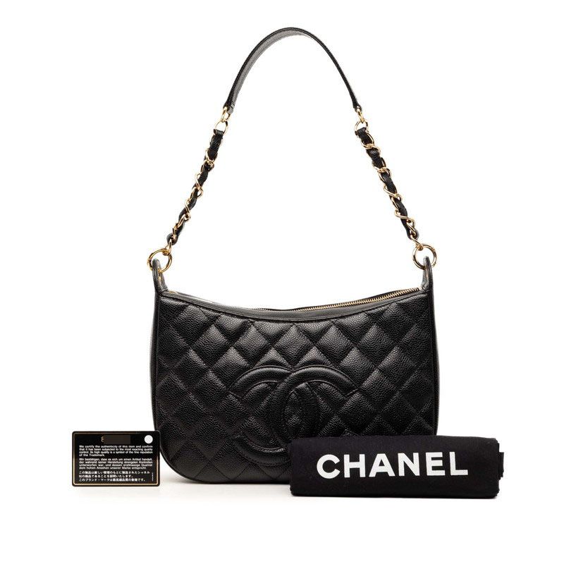 Chanel CC Logo Quilted Chain Shoulder Bag Black Caviar Leather — view 7