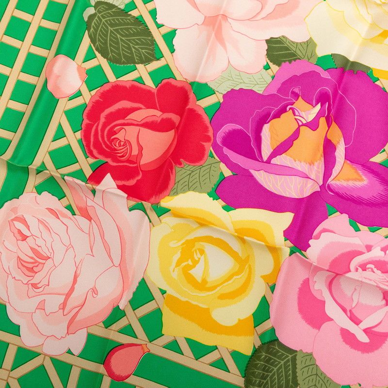 Hermes Carre 90 Roseraie Rose Garden Scarf Green Multicolor Silk — view 4