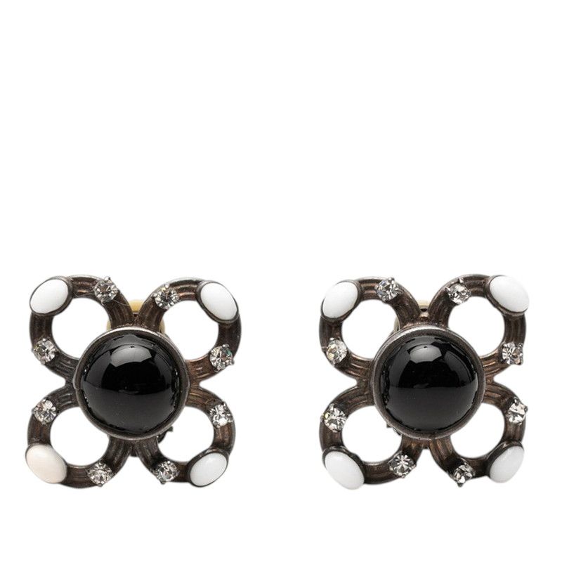 Chanel Flower Motif Earrings Silver Black Metal Rhinestone
