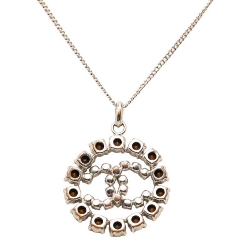 Chanel CC Logo Necklace Silver Metal Rhinestone — view 3