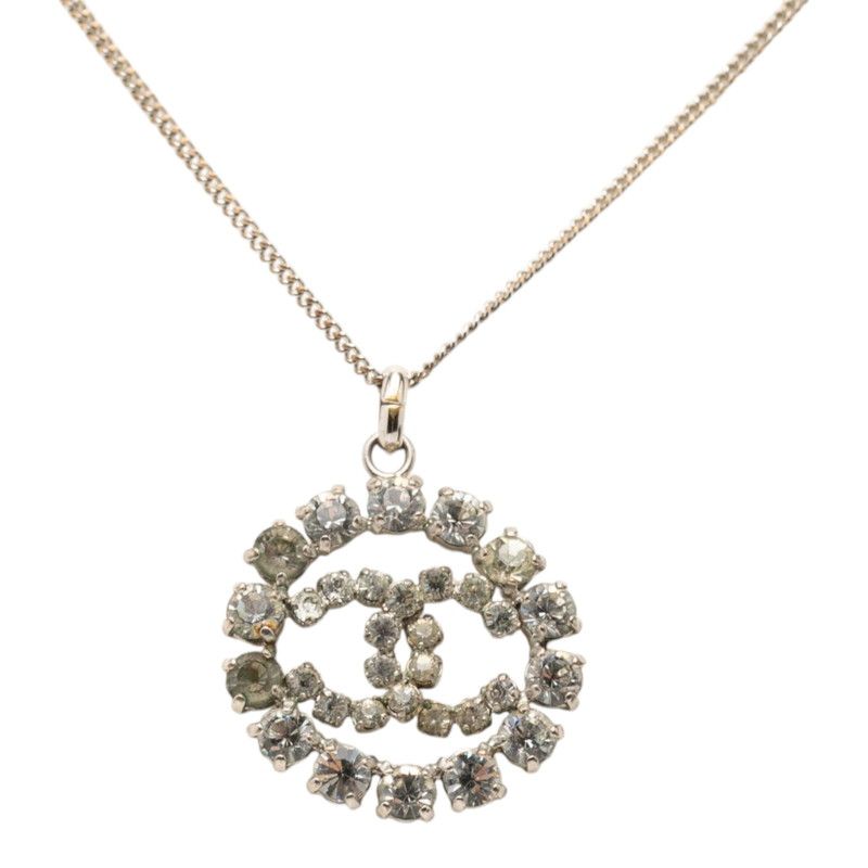 Chanel CC Logo Necklace Silver Metal Rhinestone — view 2