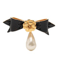 Chanel Camellia Ribbon Motif Brooch Gold Black Plated Faux Pearl