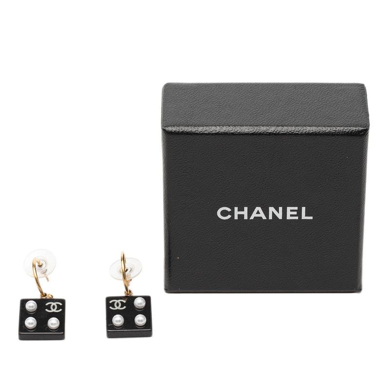 Chanel CC Logo Earrings Gold Black Plated Faux Pearl Plastic — view 4