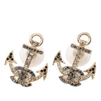 Chanel CC Logo Anchor Motif Stud Earrings 18 Gold Black Plated Rhinestone