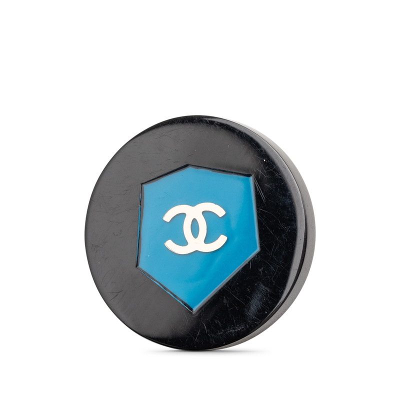 Chanel CC Logo Round Pin Brooch 07 Black Blue Plastic