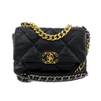 Chanel Ten 19 Quilted Black Gold Shiny Lambskin Shoulder Bag Chain