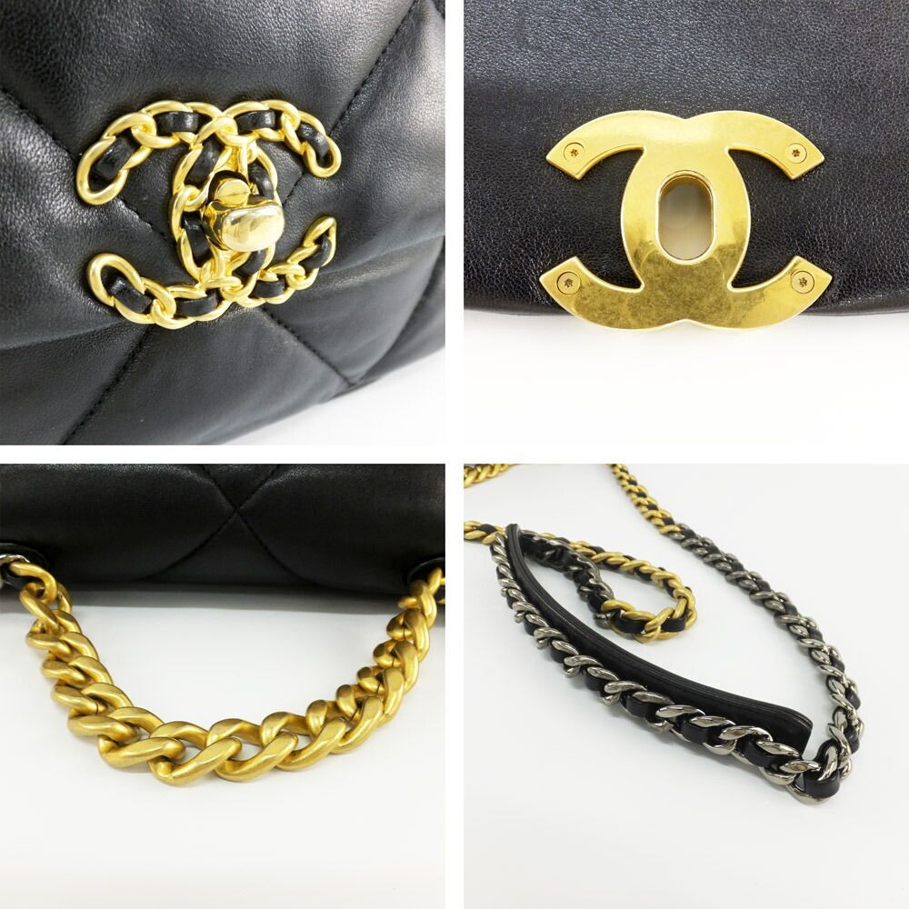 Chanel Ten 19 Quilted Black Gold Shiny Lambskin Shoulder Bag Chain — view 7