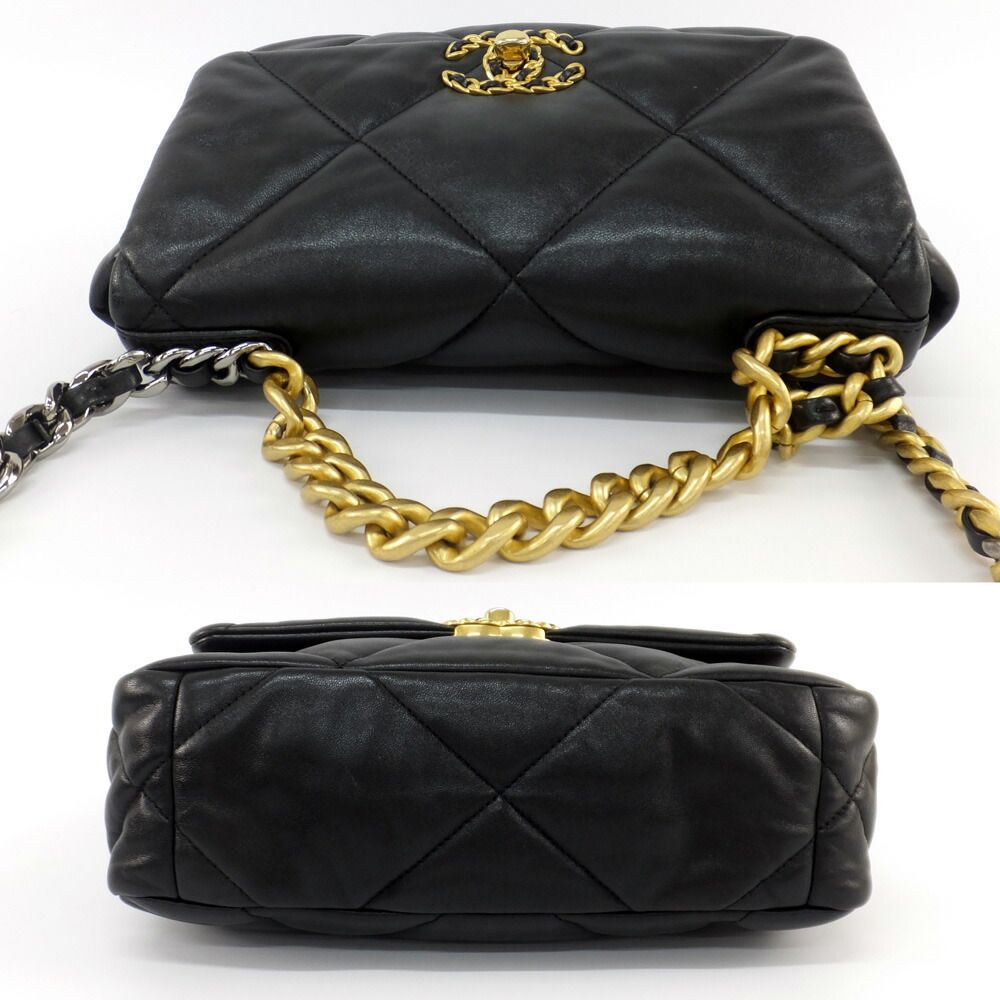 Chanel Ten 19 Quilted Black Gold Shiny Lambskin Shoulder Bag Chain — view 4