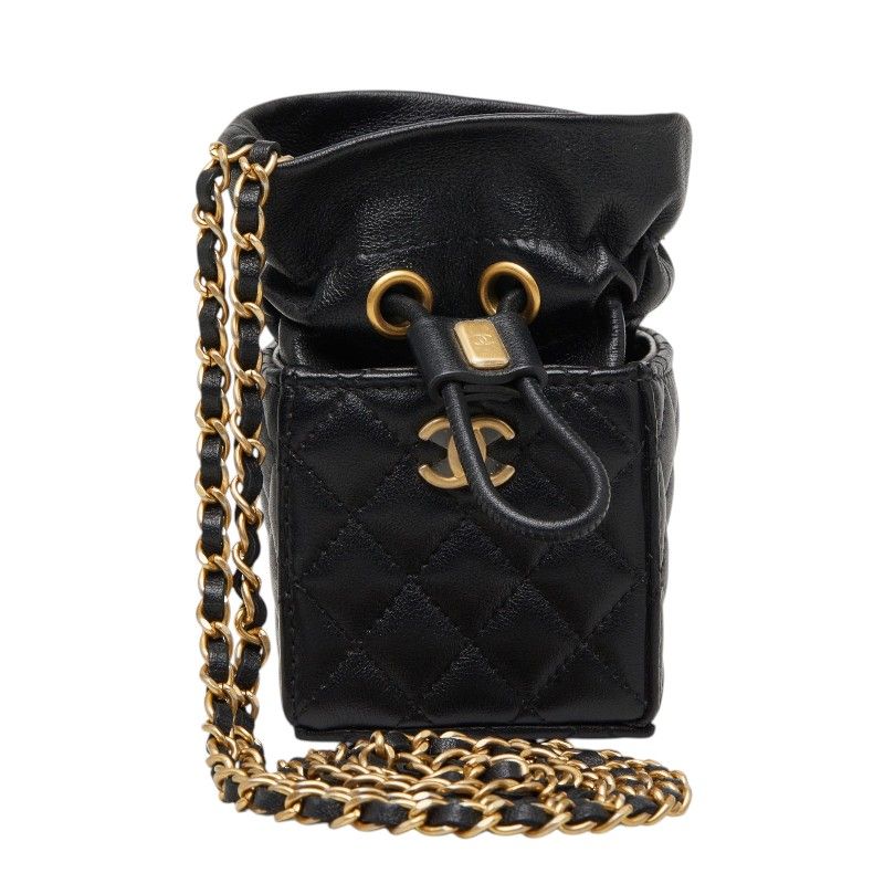 Chanel Quilted CC Logo Mini Drawstring Crossbody Chain Shoulder Bag Black