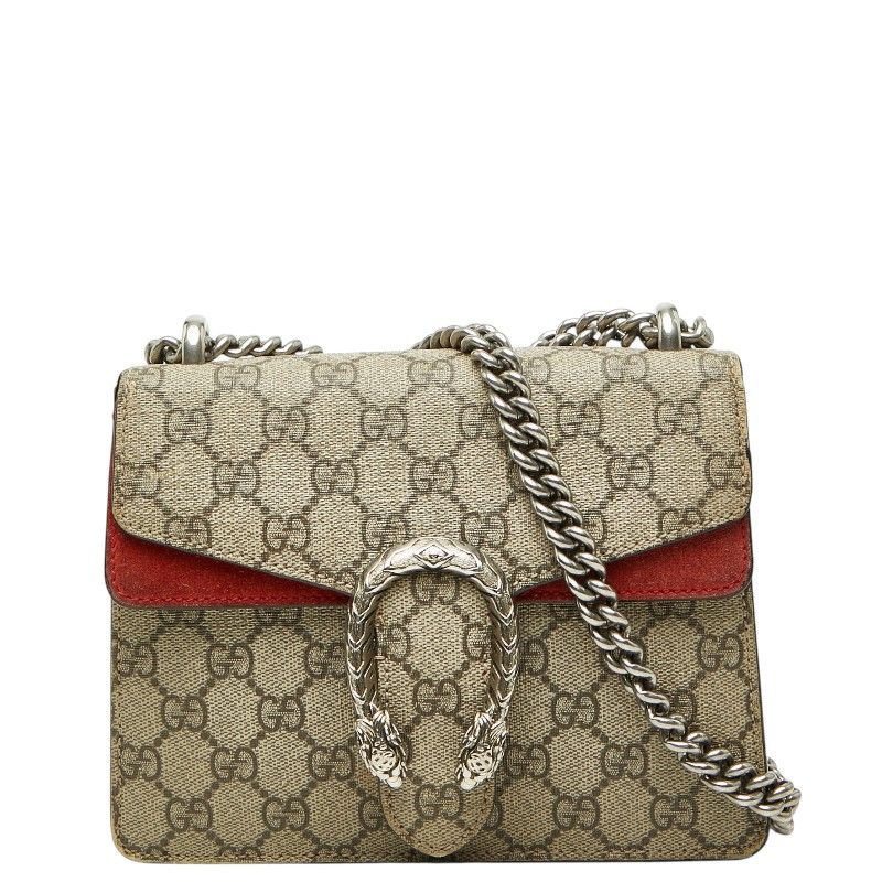 Gucci GG Supreme Dionysus Chain Shoulder Bag Beige Red Suede