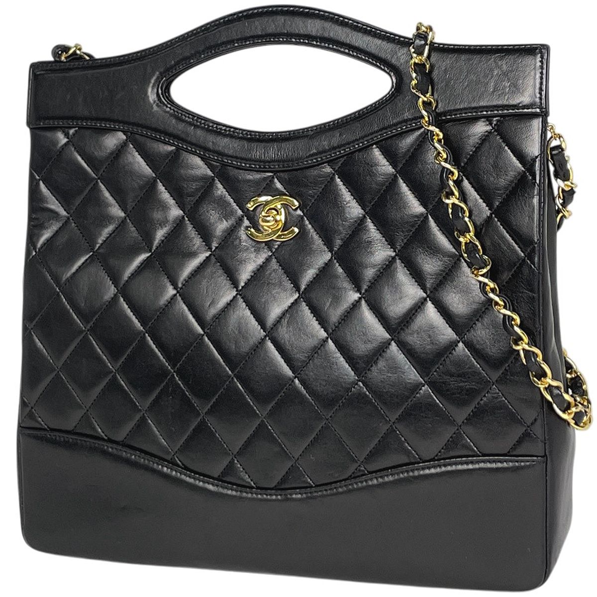 Chanel CC Logo Chain Shoulder Bag 2-Way Leather Black
