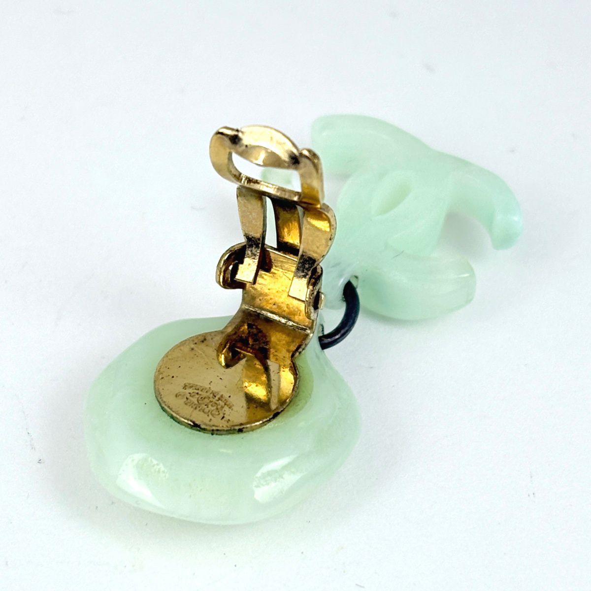 Chanel CC Logo Earrings Swing Camellia Plastic Gold Light Green — view 3