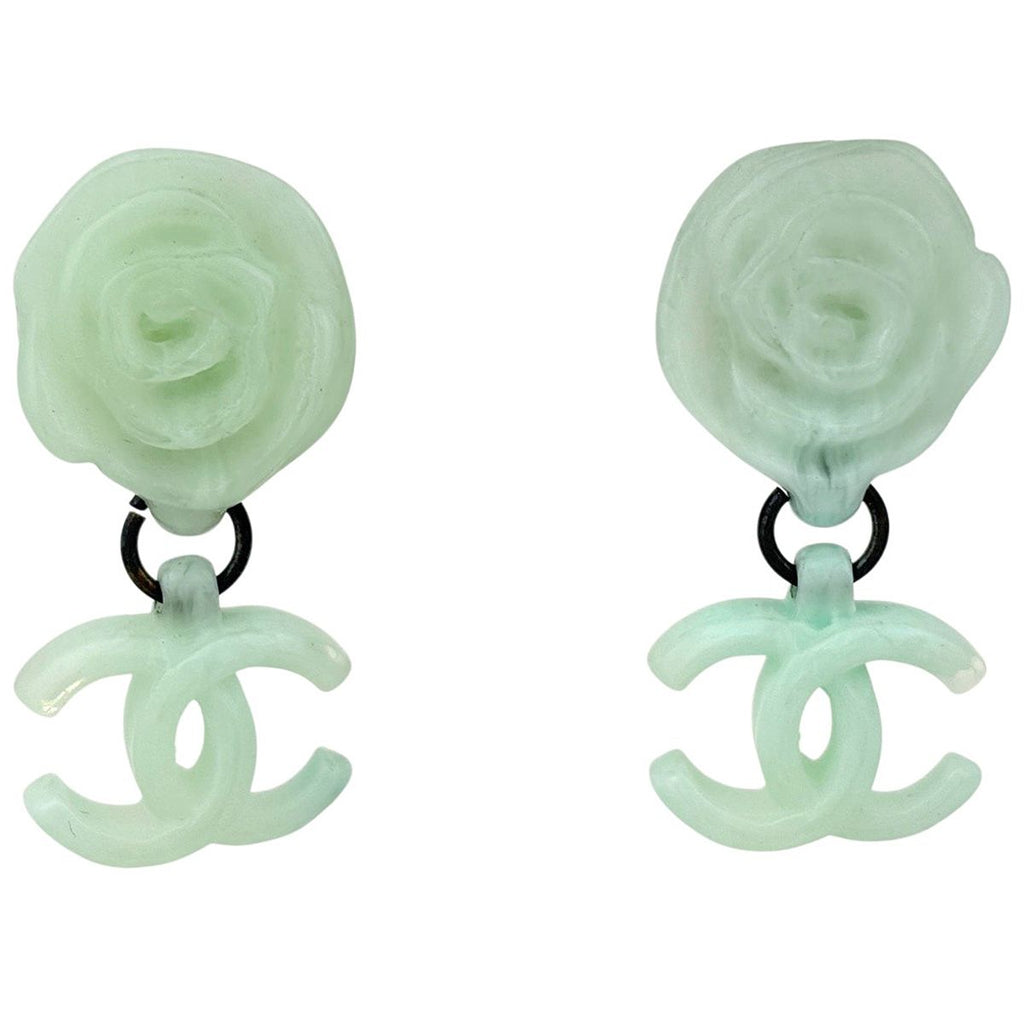 Chanel CC Logo Earrings Swing Camellia Plastic Gold Light Green