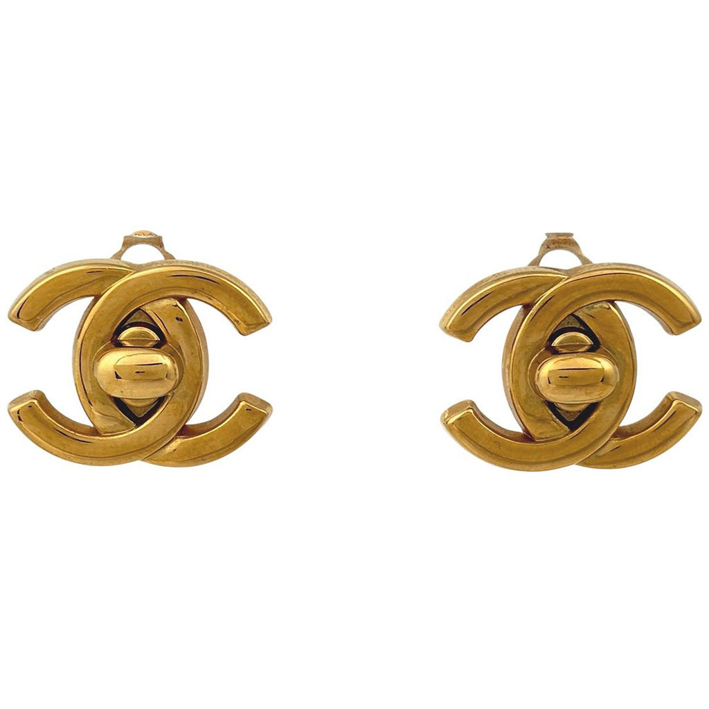 Chanel CC Logo Earrings Turnlock Gold Plated