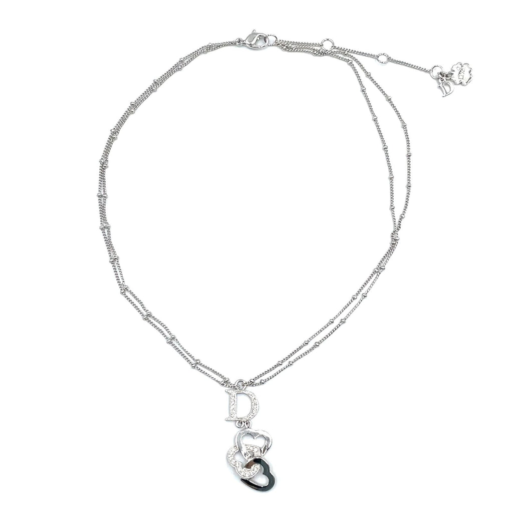 Dior D Logo Triple Strand Heart Double Chain Metal Color Stone Clear Silver — view 3